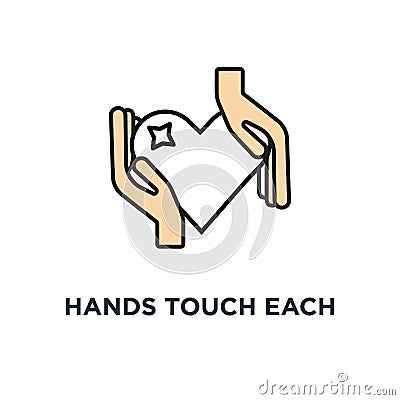 hands touch each other and red heart icon. receive or accept love, philanthropy, volunteering or assistance, modern design, Vector Illustration
