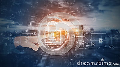 Hands touch Padlock of Cyber Security Digital Data, Technology Global Network Digital Data Protection, Future Background Concept. Stock Photo
