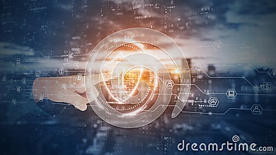 Hands touch Shield of Cyber Security Digital Data, Technology Global Network Digital Data Protection, Future Background Concept. Stock Photo