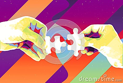 Hands with two puzzle pieces abstract background , modern illustration for teamwork, partnership , relationship , connection and c Cartoon Illustration