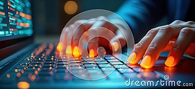 Hands type on glowing laptop keyboard. Virtual contact form, CRM technology for business support. Person use tech for customer Stock Photo