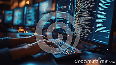 Hands type on keyboard. Person codes on computer. Night time. Focus on person typing. Multiple screens showing code. Tech Stock Photo