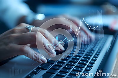 Hands typing with digital graph overlay, evoking a tech oriented vibe Stock Photo