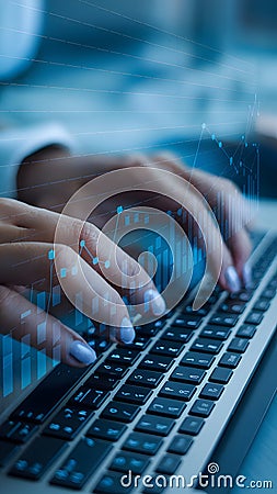 Hands typing with digital graph overlay, evoking a tech oriented vibe Stock Photo