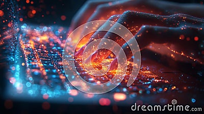 Hands Typing on a Glowing Keyboard with Digital Sparks Generative AI Stock Photo