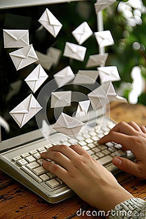 Hands typing on a keyboard with 3D email icons floating. Stock Photo