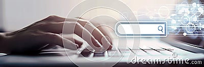 Hands Typing on Keyboard with Search Engine Interface - Technology and Internet Concept AIG59 Stock Photo