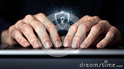 Hands typing on a keyboard under a glowing blue shield icon, symbolizing real time cybersecurity, password encryption, and adva Cartoon Illustration