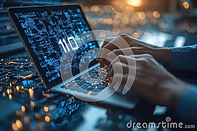Hands typing on laptop binary code glowing screen digital technology programming Stock Photo