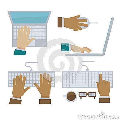 Hands typing on laptop and computer keyboard vector flat icons Vector Illustration