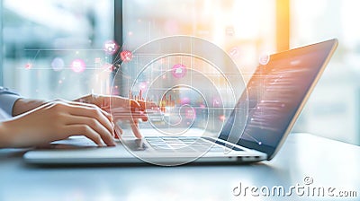 Hands typing on a laptop, with a holographic display of digital data and graphs projecting from the screen. Stock Photo