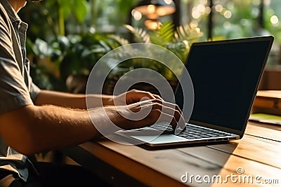 Hands typing on notebook keyboard. Sideview Stock Photo