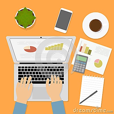 Hands typing text on computer keyboard. Graph, chart, calculator Vector Illustration