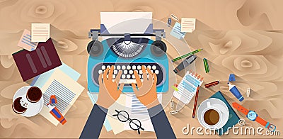 Hands Typing Text Writer Author Blog Typewrite Wooden Texture Desk Top Angle View Vector Illustration