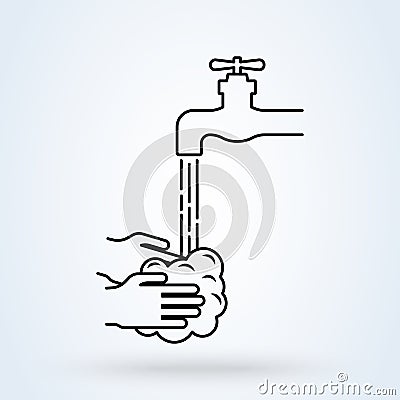 Hands under falling water out of tap. Disinfection, skin care. Antibacterial washing icon. Vector illustration Vector Illustration