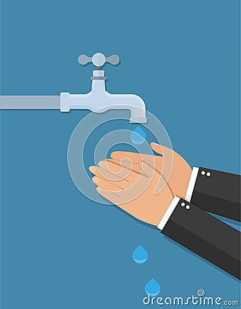 Hands under falling water out of tap. Man washes hands. Flat style Cartoon Illustration