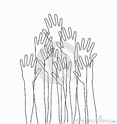 Hands up concert. Monochrome cartoon silhouette hands raised up in the air. Suitable for posters, flyers, banners.Vector Vector Illustration