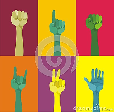 Hands up, different gestured, different colours in Vector Illustration