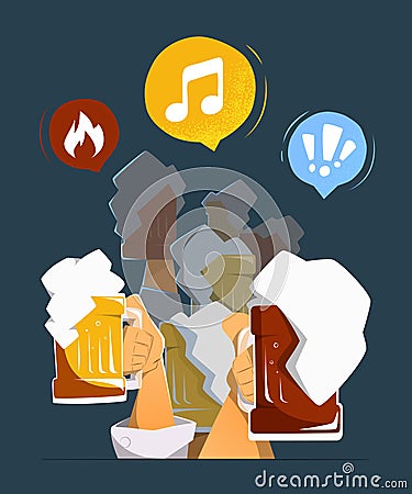 Hands up holding beer. Friends party in pub bar club Vector Illustration