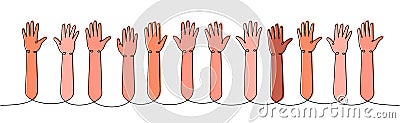 Hands up one line colored continuous drawing. Voting, volunteering continuous colorful one line illustration. Vector Cartoon Illustration