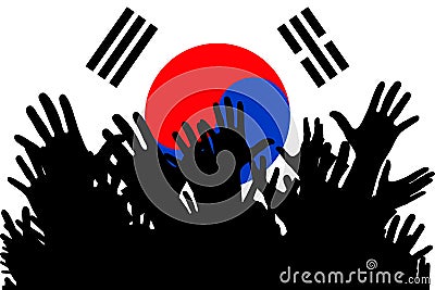 Hands up silhouettes on a South Korea flag. Crowd of fans of soccer, games, cheerful people at a party. Vector banner, card, Vector Illustration