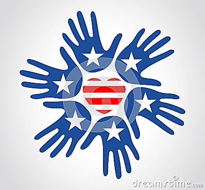 Hands with US flag pattern star stripes heart Independence Day Vector Illustration