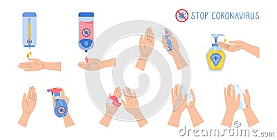 Hands use spray sanitizer wash soap virus set Vector Illustration