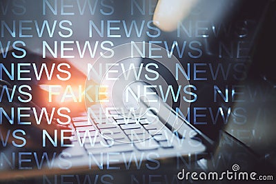 Hands using laptop with creative news header hologram Stock Photo