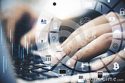 Hands using laptop with glowing finger print and data protection interface Stock Photo