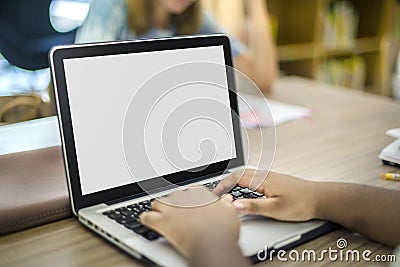 Hands using laptop screen showing Stock Photo