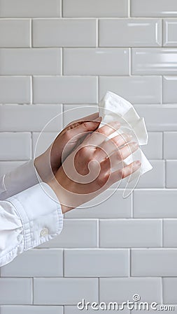 Hands using tissue against pristine tiled background, emphasizing hygiene Stock Photo