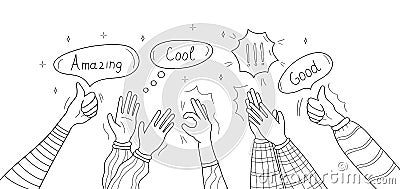 hands vector in doodle style. Hand drawn clapping human hands doodle set. Cool, OK sign. Thumb up hand gesture, good Vector Illustration