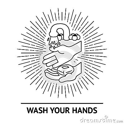 Hands washing color vector healthy covid illustration elements set. Wash your hands, hand drawn with outline in classic Vector Illustration