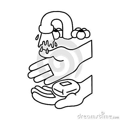 Hands washing outline vector healthy covid illustration. Wash your hands, hand drawn. Black and white colors Vector Illustration