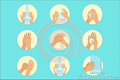 Hands Washing Sequence Instruction, Infographic Hygiene Poster For Proper Hand Wash Procedures Vector Illustration