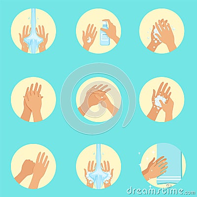 Hands Washing Sequence Instruction, Infographic Hygiene Poster For Proper Hand Wash Procedures Vector Illustration