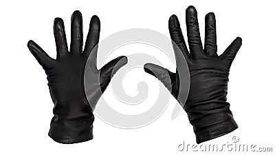 Hands wearing black leather gloves with all fingers and thumb raised in a wave, stop, or hi-five gesture Stock Photo