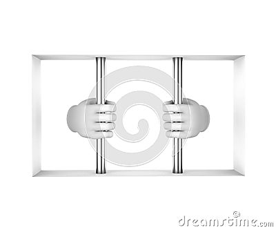 Hands in white gloves decompress the prison bars. 3d render. White background. Stock Photo
