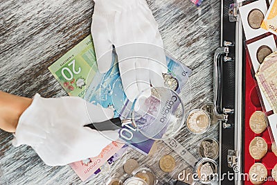 Hands in white gloves, different Canadian dollars, numismatics concept Editorial Stock Photo