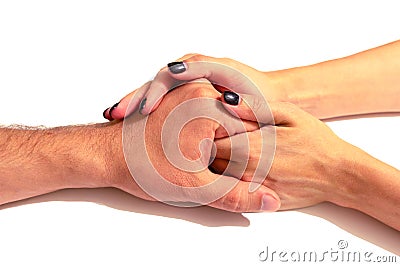 The hands of the wife gently hold the hand of her husband. Isolate on white background, close-up. The concept of caring and Stock Photo