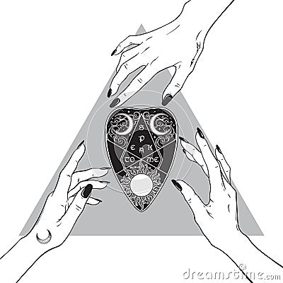 Hands of witches reaching out to the ouija planchette Vector Illustration