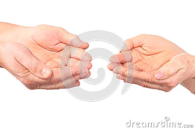 Hands of woman, man show panhandle gesture Stock Photo