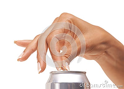 Hands, woman and open metal of cold drink, soda and fizzy cola product in studio on white background. Closeup, silver Stock Photo