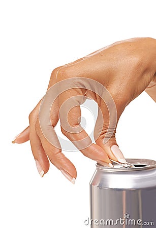 Hands, woman and open tin of soda, beer and fizzy cola beverage in studio on white background. Closeup, silver can and Stock Photo