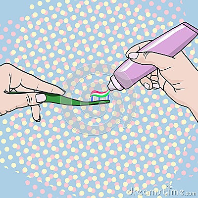 Hands of a woman squeezing toothpaste on a toothbrush Vector Illustration