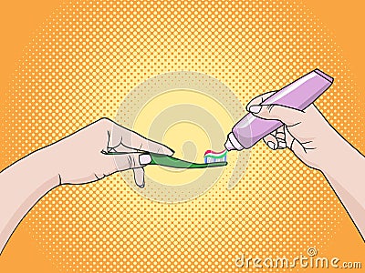 Hands of a woman squeezing toothpaste on a toothbrush Vector Illustration