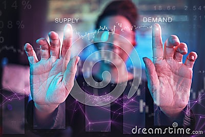 Hands of woman, vr algorithm and hologram coding for web business, futuristic technology and ar analysis. Data overlay Stock Photo