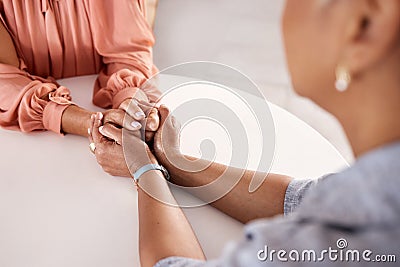 Hands, women and holding closeup in support of comfort, empathy and unity in crisis, cancer or bad news. Hand, zoom and Stock Photo