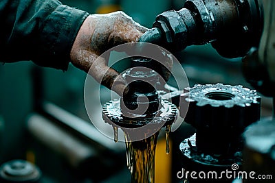 Hands at work adjusting machinery in a workshop during daylight hours. Generative AI Stock Photo