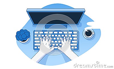 Hands working on a computer keyboard. Home office. Development and freelancing concept. Vector Illustration